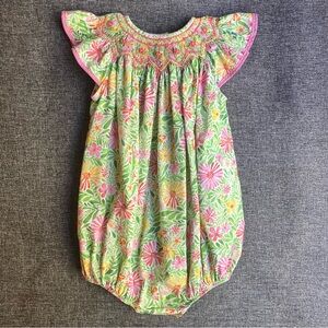 Le’ Za Me Hand Smocked Bubble Romper Ditsy Floral Flutter Sleeve Pink Green 12M